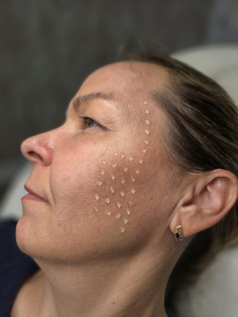 Fresh skin booster micro-injection points on the cheek right after treatment in Vaughan