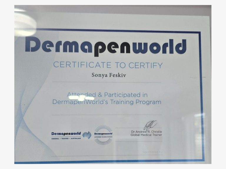 DermapenWorld Microneedling Training Program certificate issued to Sonya Feskiv, RPN, by DermapenWorld