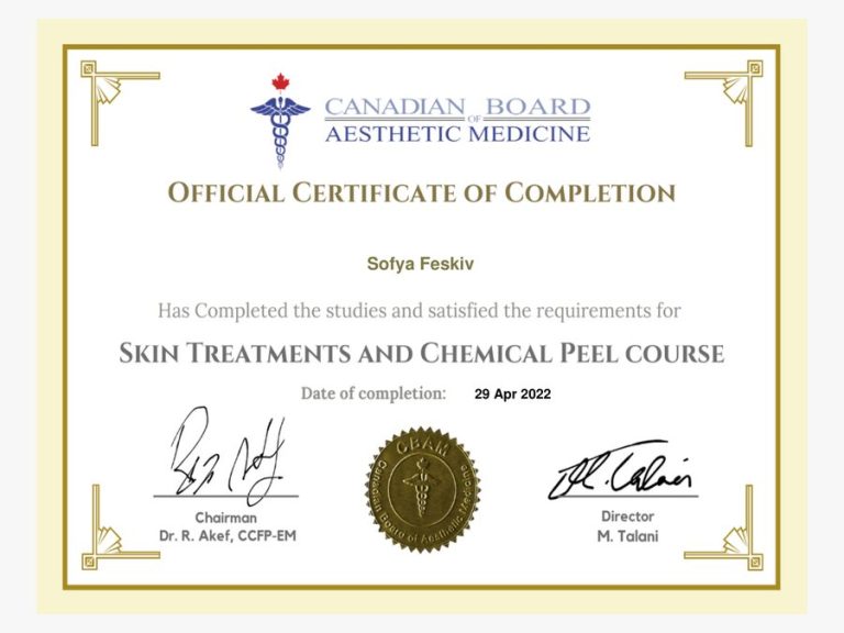 Skin Treatments and Chemical Peel Course certificate issued to Sonya Feskiv, RPN, by the Canadian Board of Aesthetic Medicine (Apr 2022)