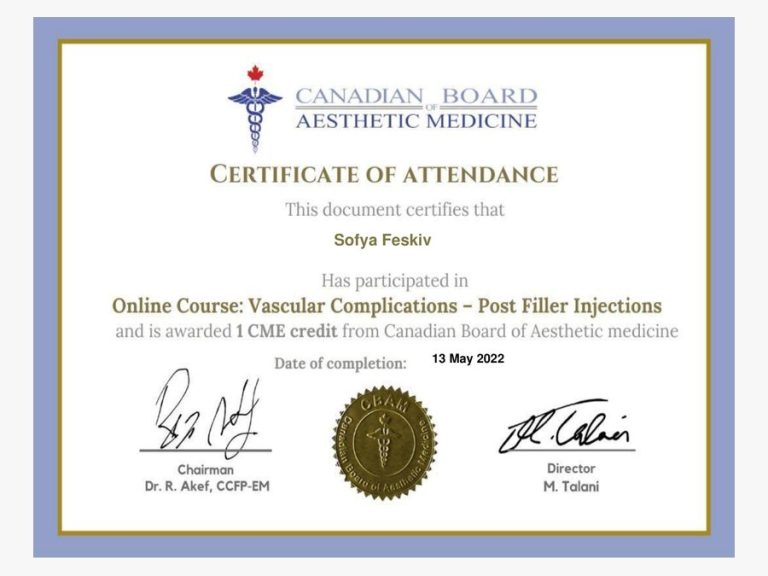 Vascular Complications – Post-Filler Injections certificate issued to Sonya Feskiv, RPN, by the Canadian Board of Aesthetic Medicine (May 2022)